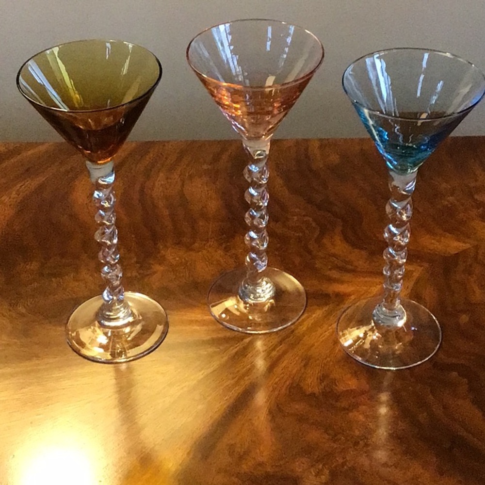 Vintage Liqueur Shot Glasses Twist Stem Multi Colored Blue Pink Brown Handblown